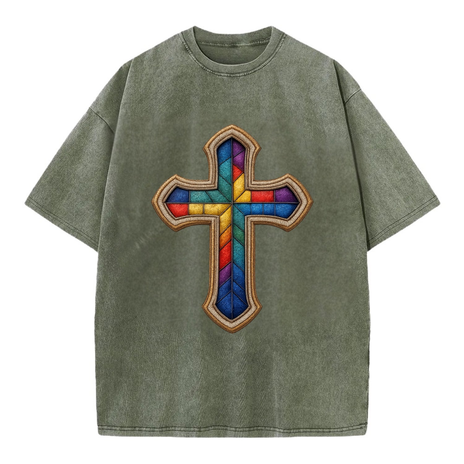Stained Glass Cross  - Vintage T-shirt - Army Green