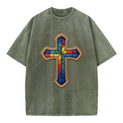 Stained Glass Cross  - Vintage T-shirt - Army Green