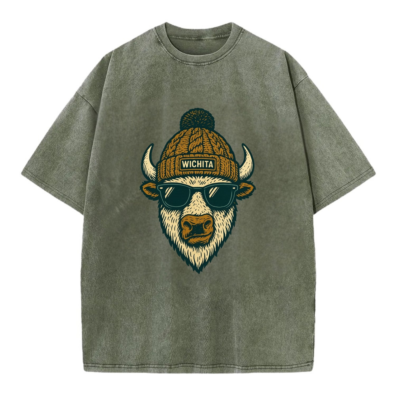Kansas American Bison wearing Wichita beanie with pom pom and wayfarer sunglasses - Vintage T-shirt - Army Green