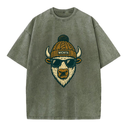 Kansas American Bison wearing Wichita beanie with pom pom and wayfarer sunglasses - Vintage T-shirt - Army Green