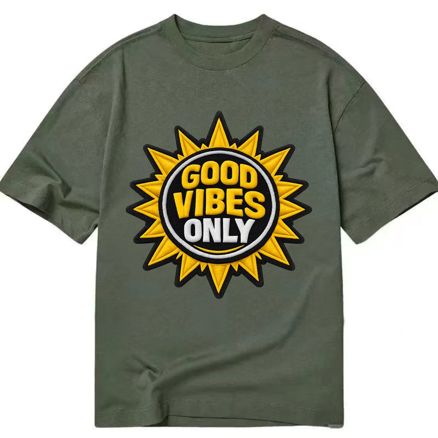 GOOD VIBES ONLY - sun with text in yellow , positive energy - Classic T-shirt - Army Green