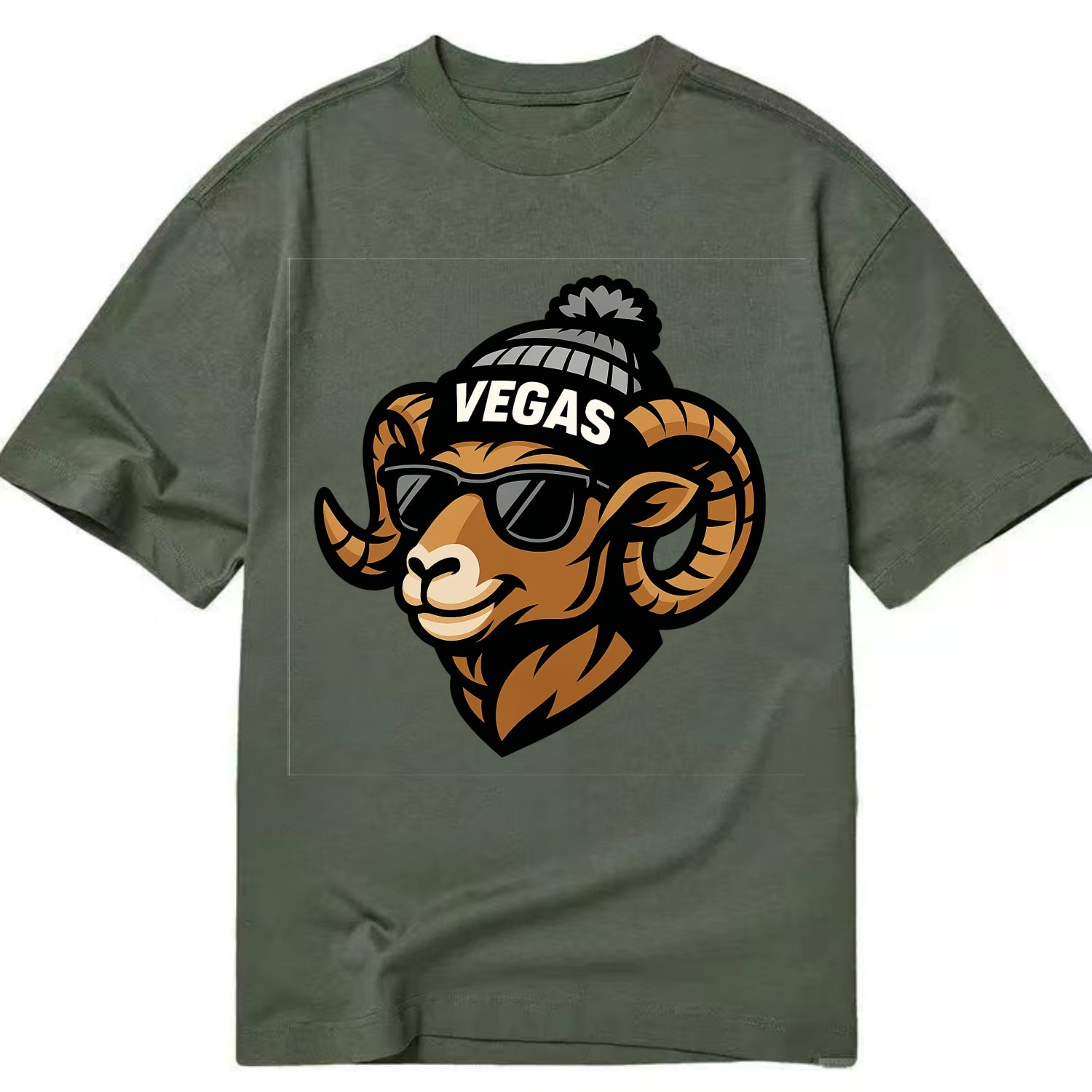 Vegas Desert Bighorn wearing Raiders silver and black beanie with pom pom and - Classic T-shirt - Army Green