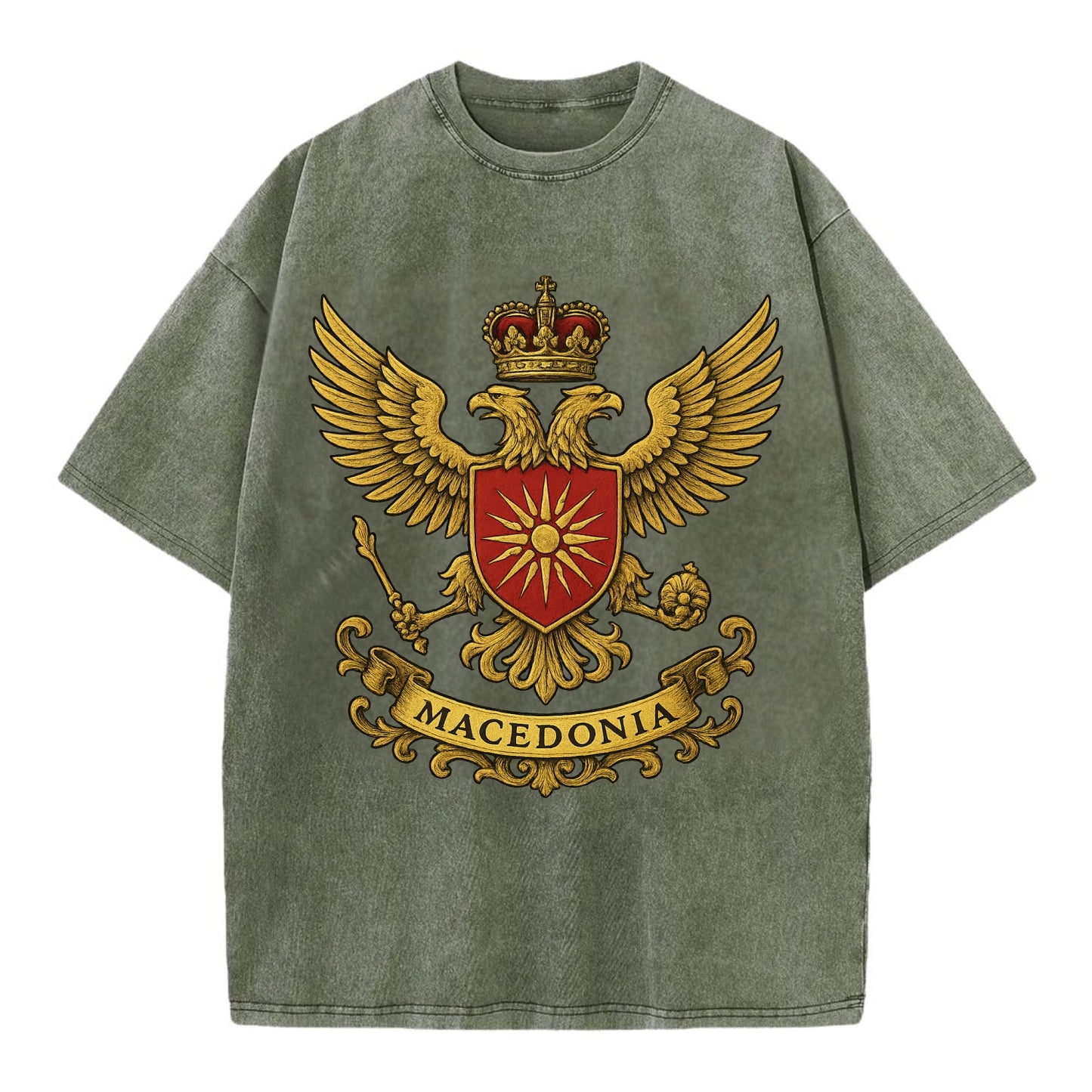 Macedonia Heritage Badge  - Vintage T-shirt - Army Green