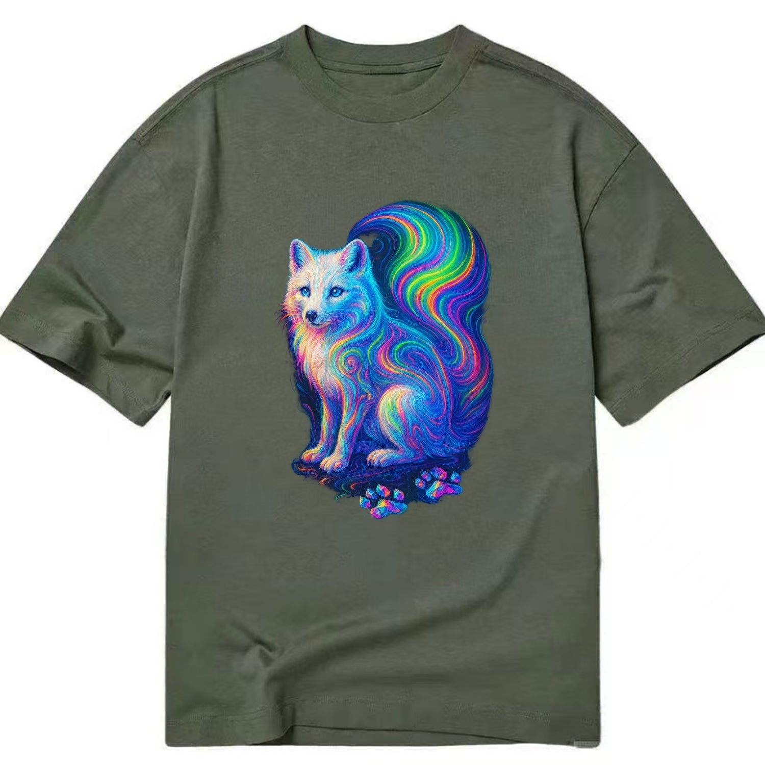 Graceful arctic fox with tail streaming aurora colors, white fur with prismatic - Classic T-shirt - Army Green