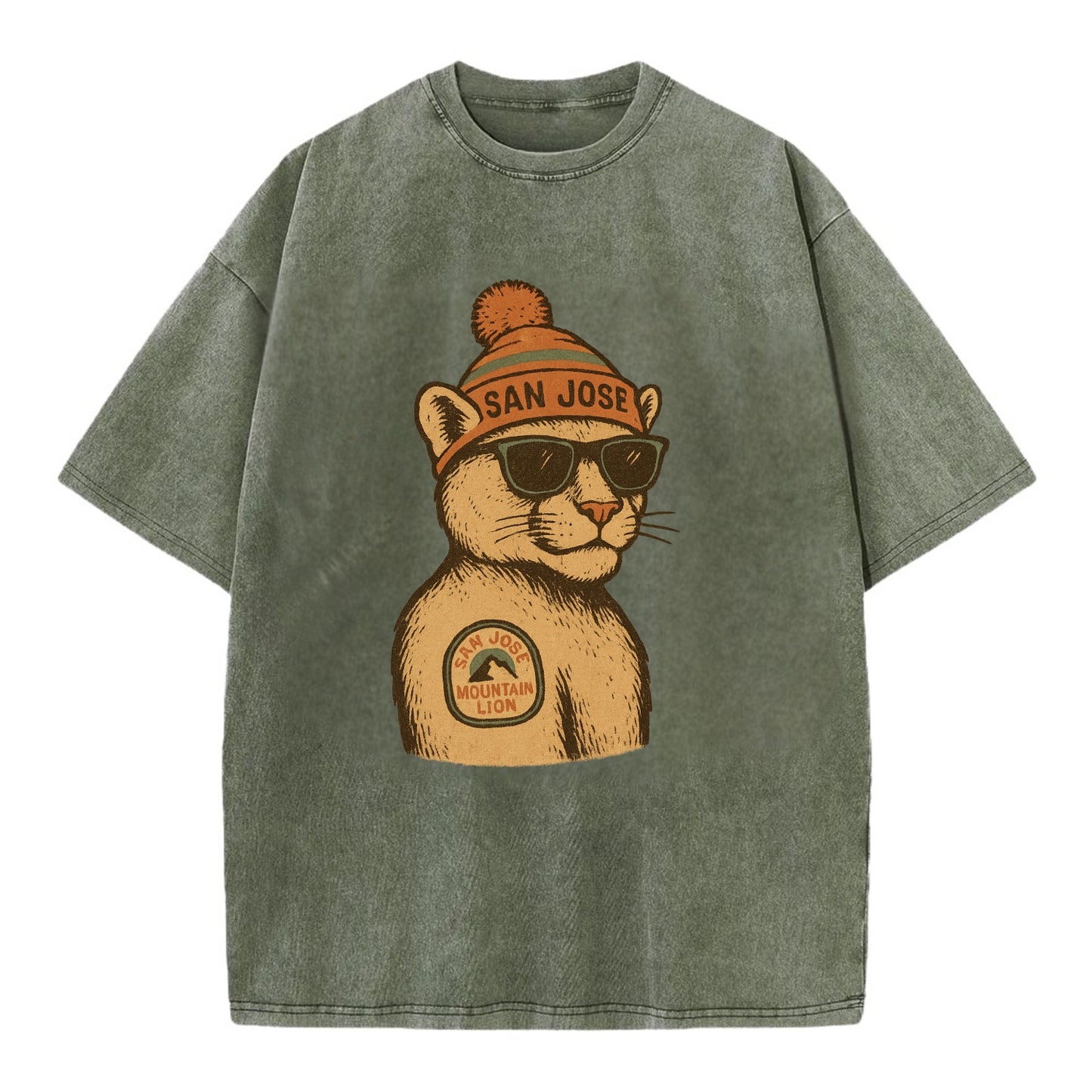 San Jose Mountain Lion wearing San Jose beanie with pom pom and wayfarer - Vintage T-shirt - Army Green