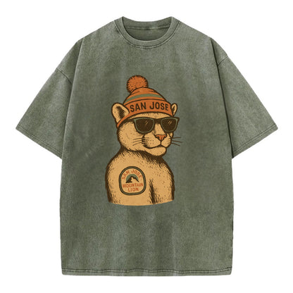 San Jose Mountain Lion wearing San Jose beanie with pom pom and wayfarer - Vintage T-shirt - Army Green