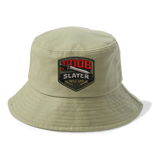 NOOB SLAYER - sword through noob text in red and silver , skill gap - Bucket Hat - Army Green