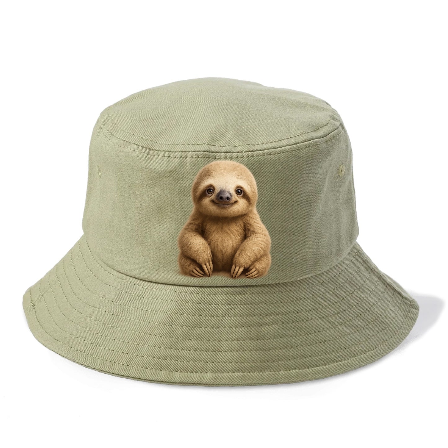 Baby Sloth - tan fur, long arms, peaceful smile, gentle eyes, front-facing, zen master - Bucket Hat - Army Green