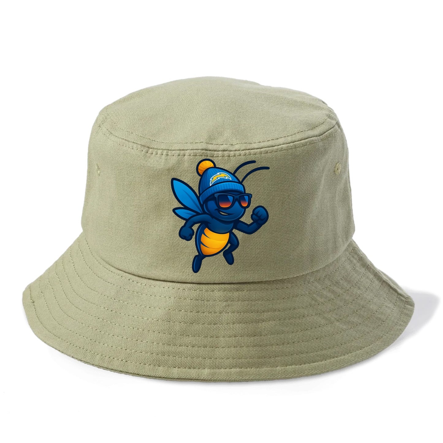 LA Lightning Bug wearing Chargers powder blue and gold beanie with pom pom and - Bucket Hat - Army Green