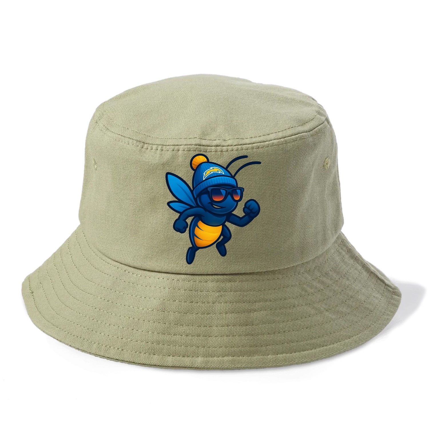 LA Lightning Bug wearing Chargers powder blue and gold beanie with pom pom and - Bucket Hat - Army Green