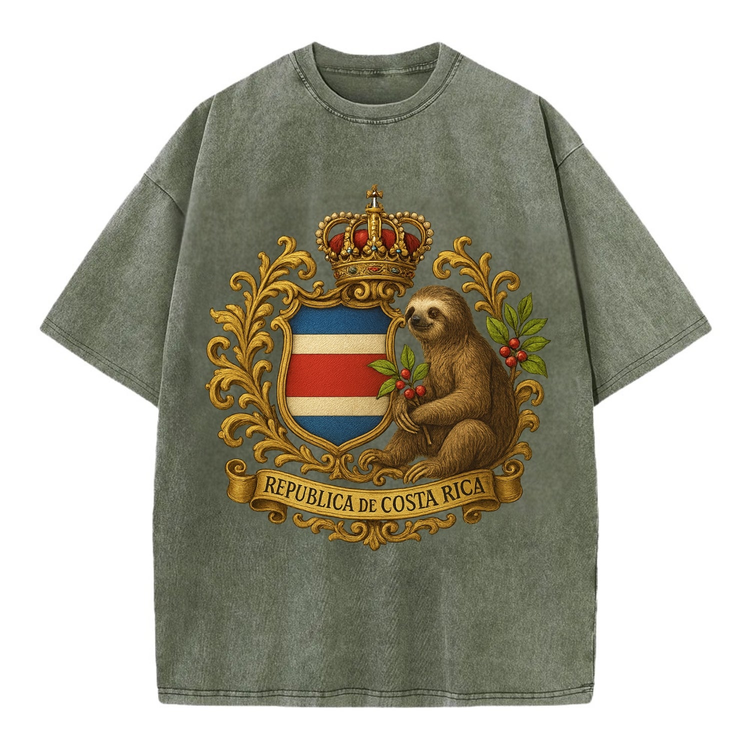 Costa Rica Sloth Emblem  - Vintage T-shirt - Army Green