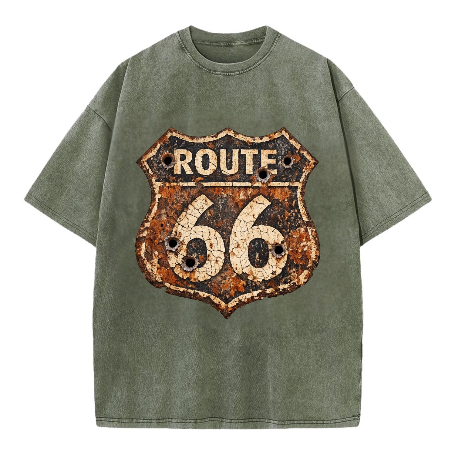 WEATHERED MARKER | Rust-aged Route 66 sign | Desert sun-bleached | Bullet holes - Vintage T-shirt - Army Green