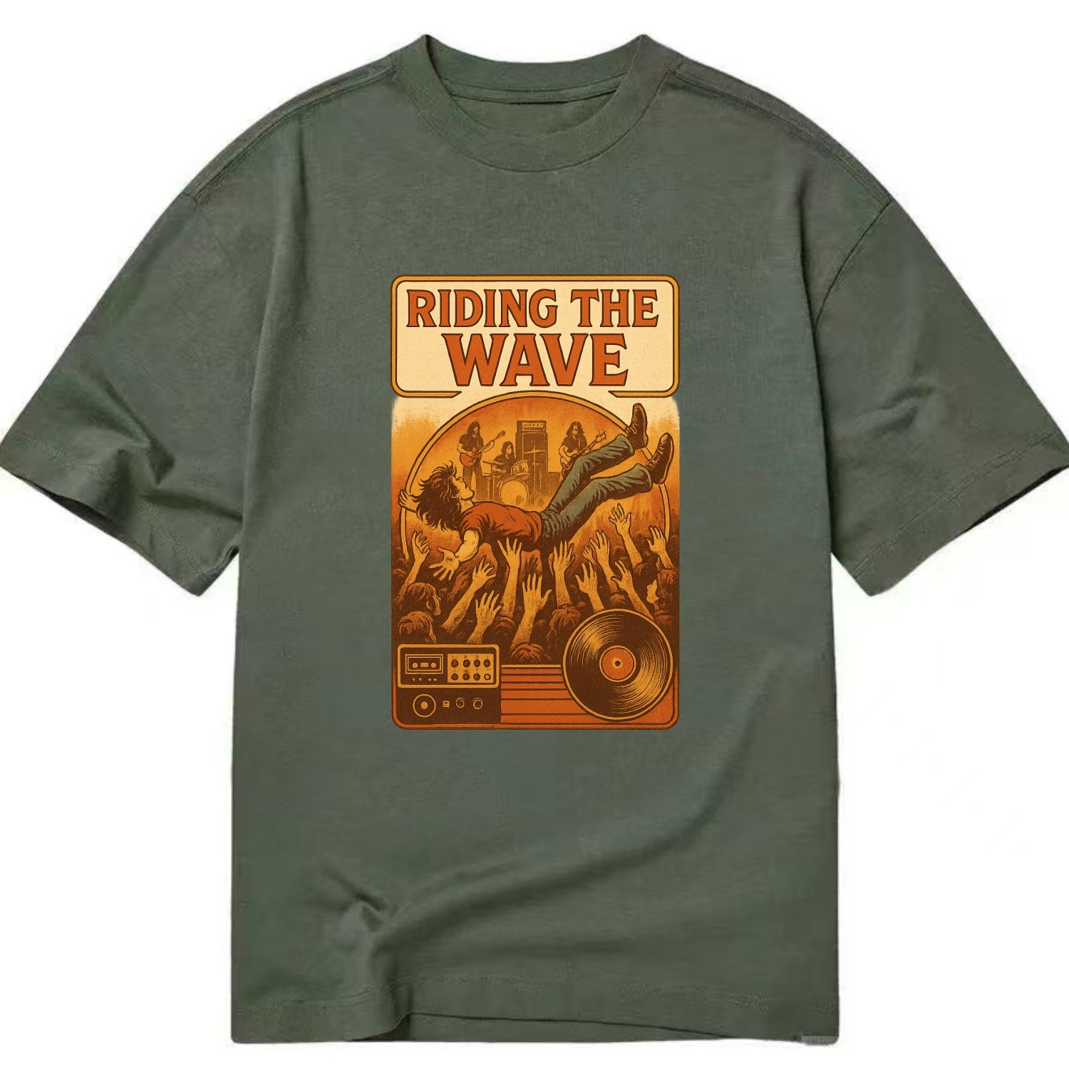 Crowd surfing at packed concert - "Riding the Wave" - concert energy - Classic T-shirt - Army Green