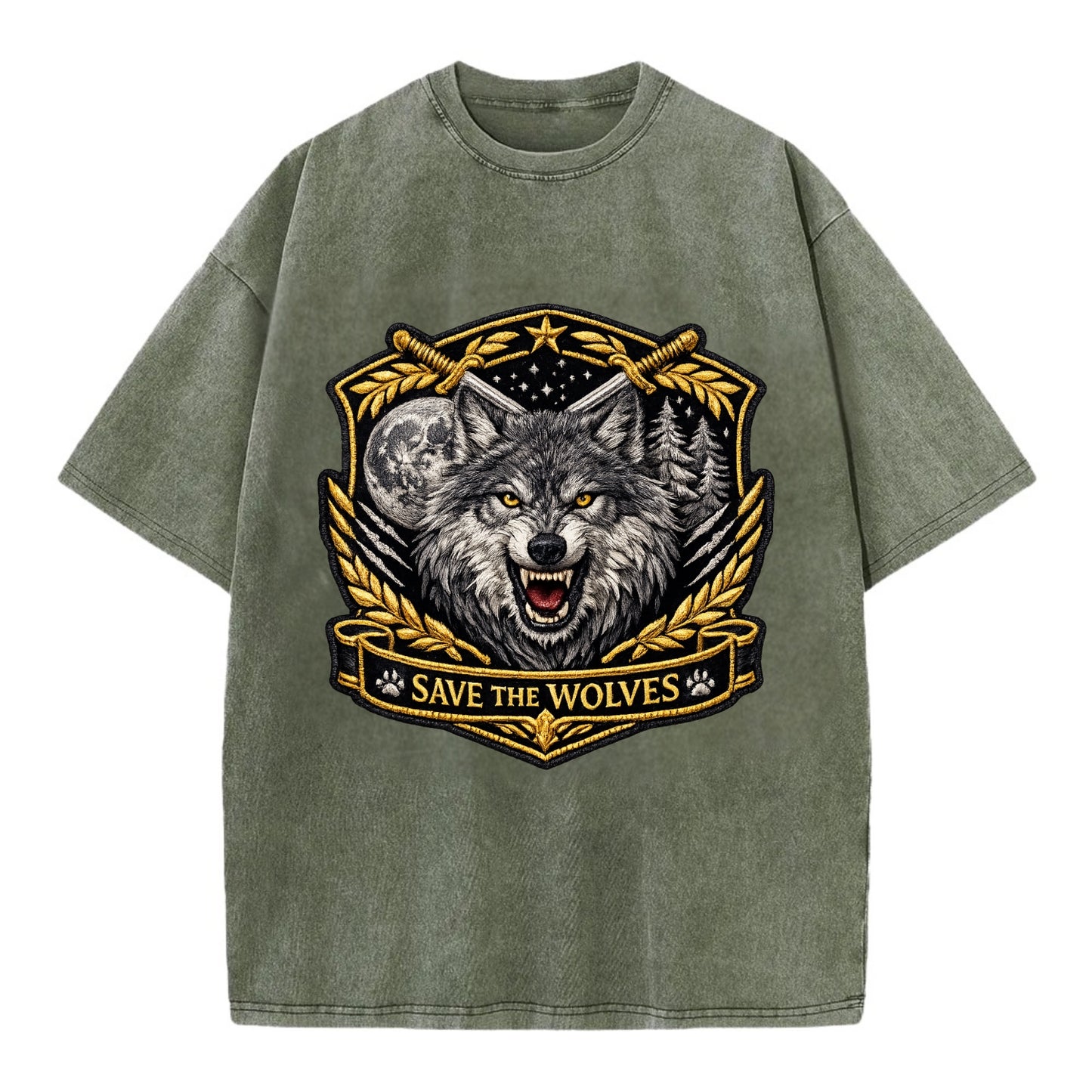 SAVE THE WOLVES - wolf moon in gray , predator protection - Vintage T-shirt - Army Green