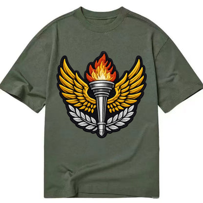 Embroidered patch design - TRACK AND FIELD TORCH - Olympic style torch with wings - Classic T-shirt - Army Green