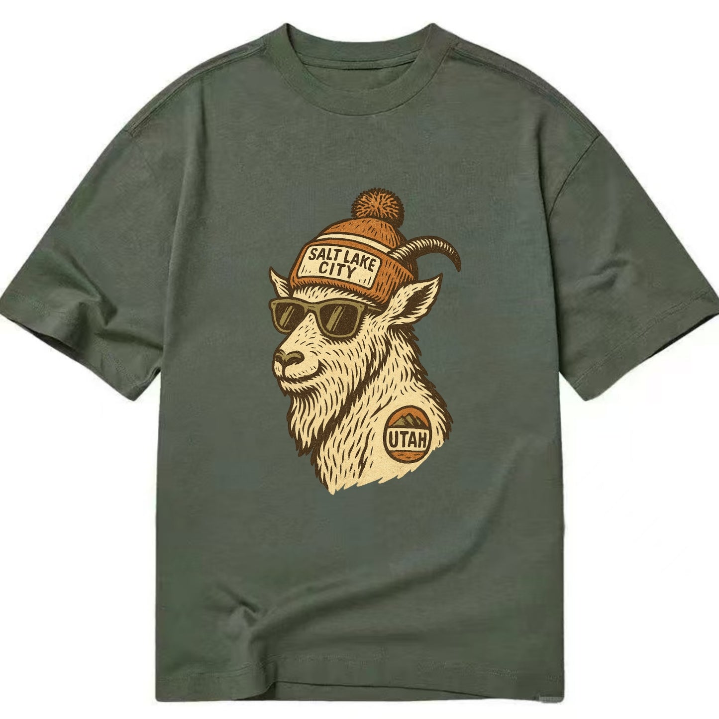 Utah Mountain Goat wearing Salt Lake City beanie with pom pom and wayfarer - Classic T-shirt - Army Green