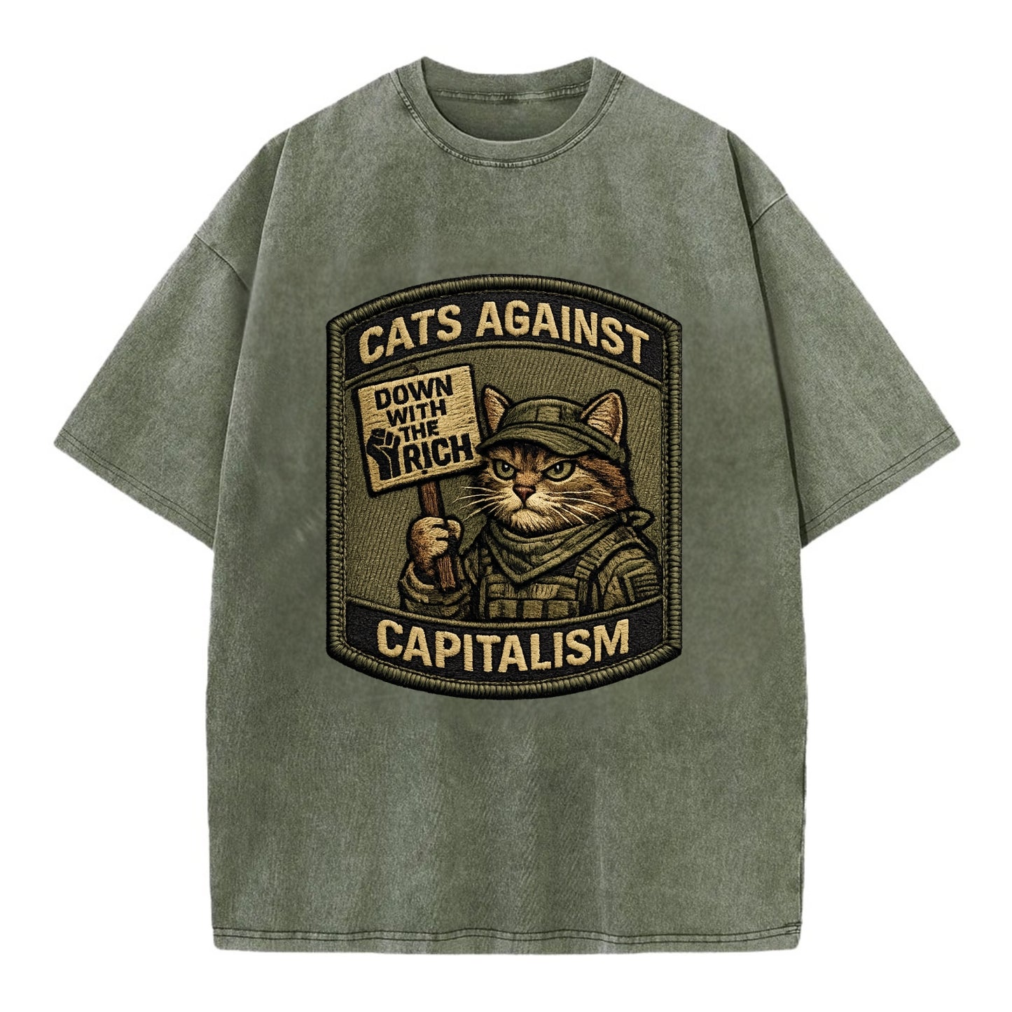 CATS AGAINST CAPITALISM - cat with protest sign in red , political cat - Vintage T-shirt - Army Green