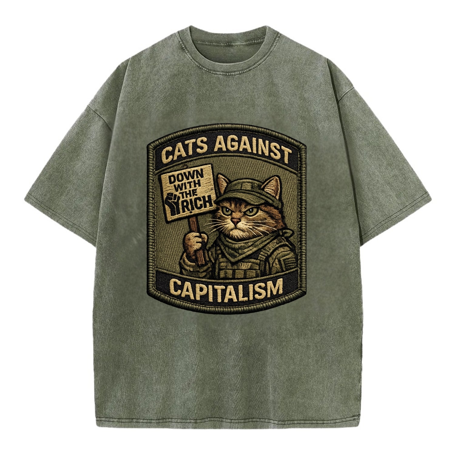 CATS AGAINST CAPITALISM - cat with protest sign in red , political cat - Vintage T-shirt - Army Green