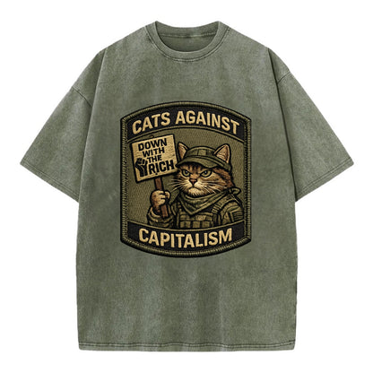 CATS AGAINST CAPITALISM - cat with protest sign in red , political cat - Vintage T-shirt - Army Green