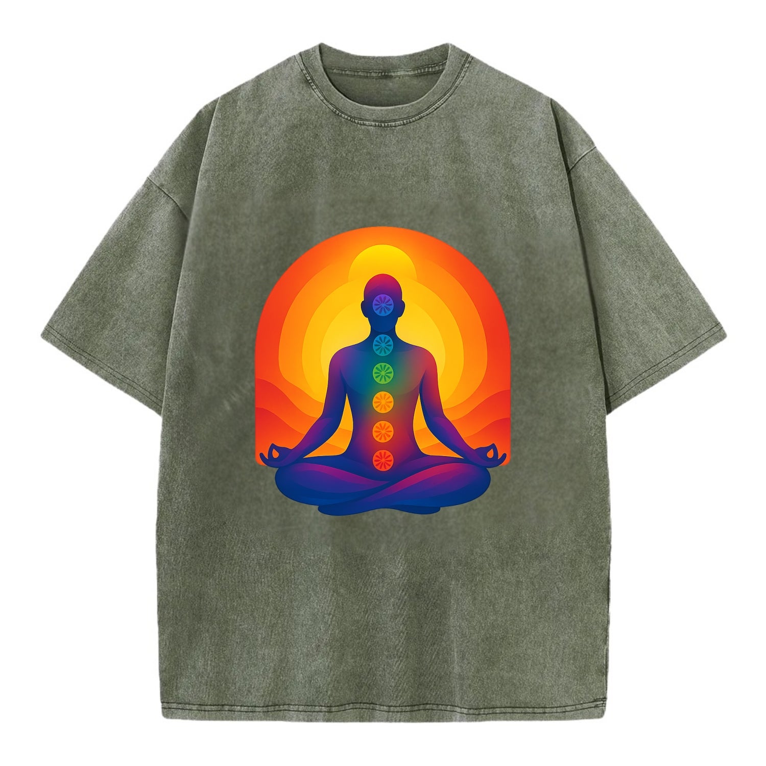 Sunset Meditation - Figure in lotus pose Vintage T-shirt - Army Green