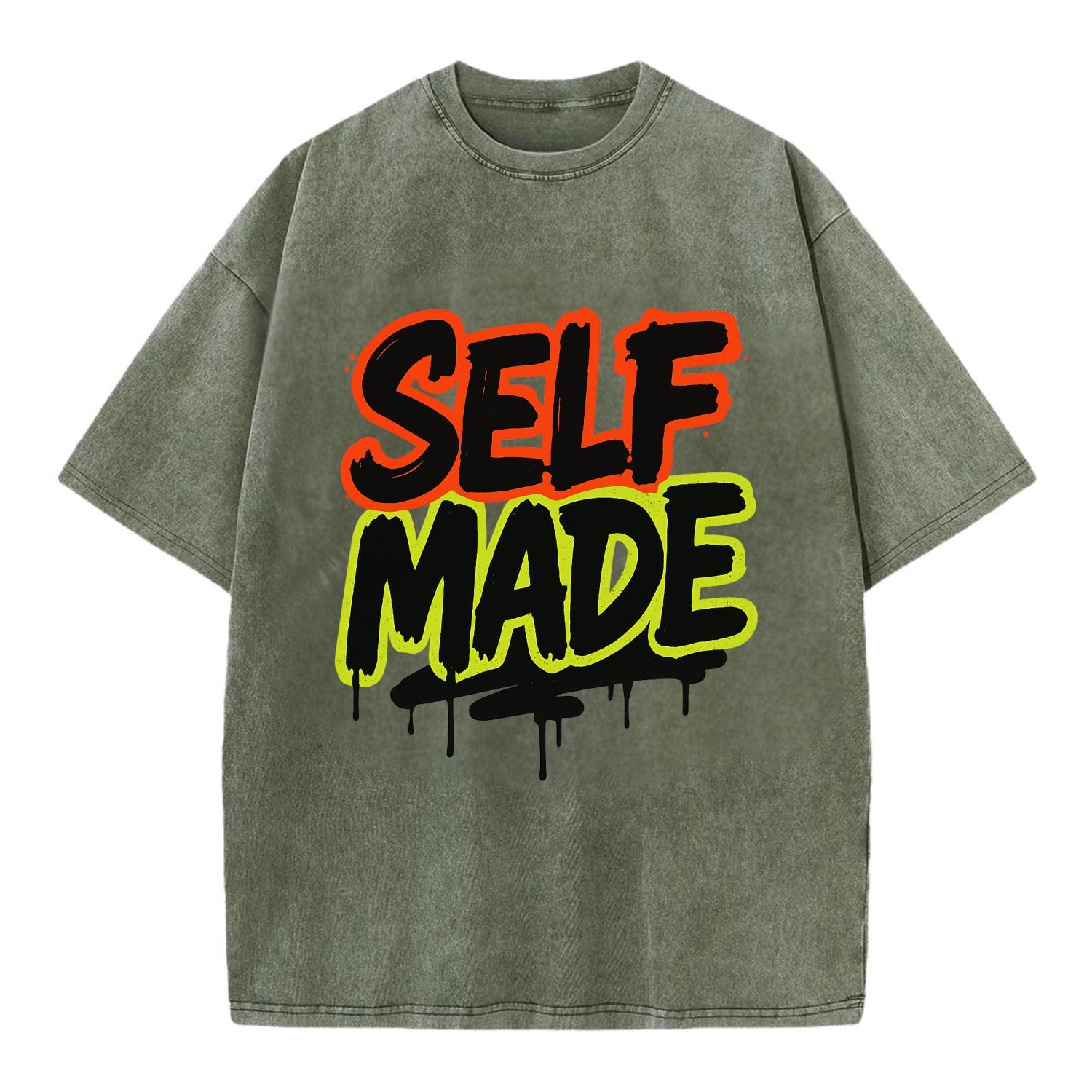 Bold typography design - "SELF MADE" - built from nothing, earned success - Vintage T-shirt - Army Green