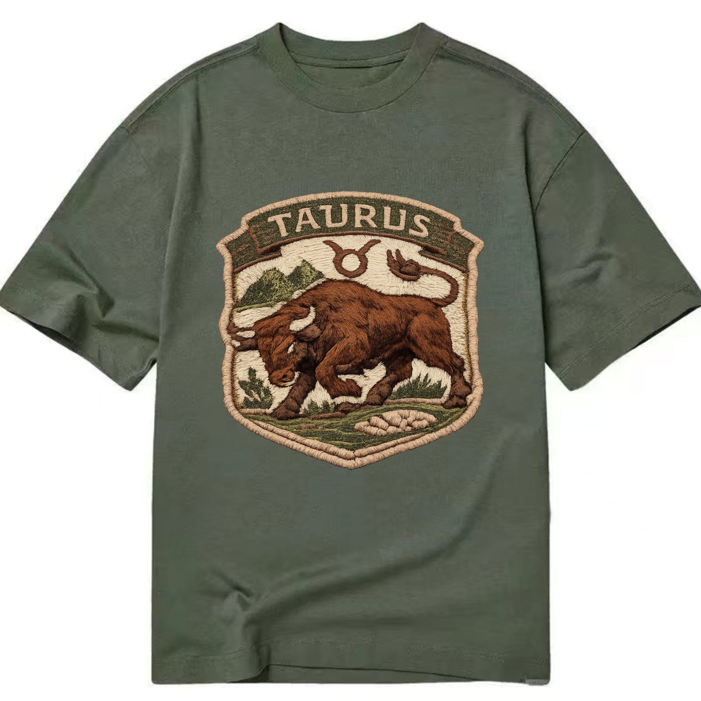 TAURUS BULL - strong bull in brown and green , earth sign - Classic T-shirt - Army Green