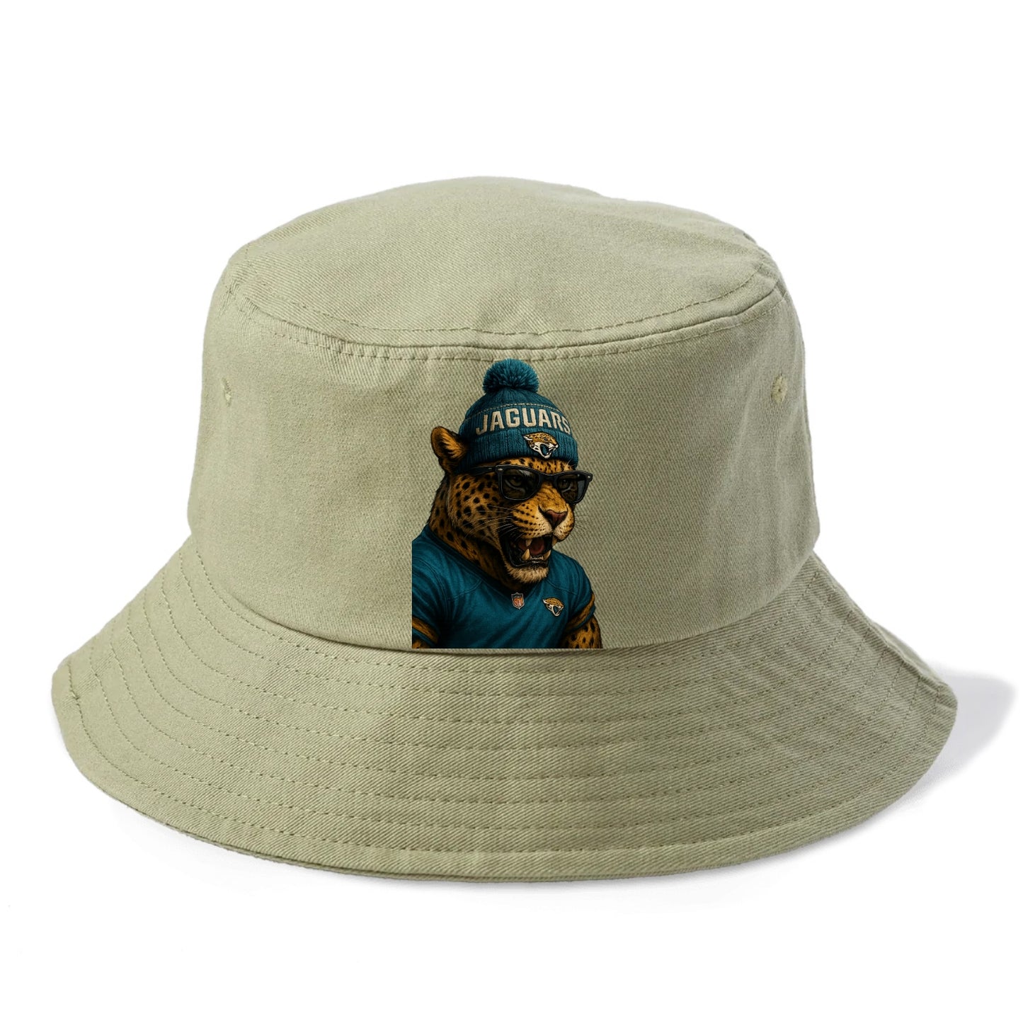 Jacksonville Jaguar wearing Jaguars teal and gold beanie with pom pom and wayfarer - Bucket Hat - Army Green