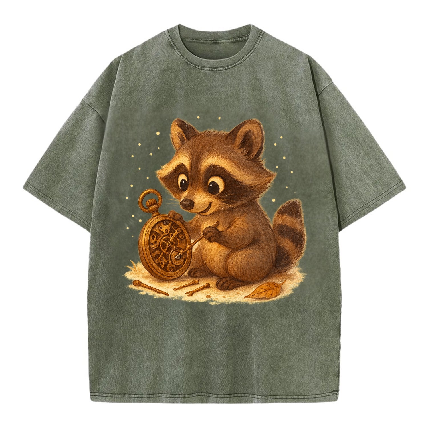 Raccoon tinkering with a steampunk pocket watch using tiny brass tools - Vintage T-shirt - Army Green