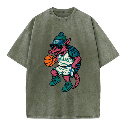 Dallas Armadillo wearing Mavericks beanie with cowboy hat patch and wayfarer - Vintage T-shirt - Army Green