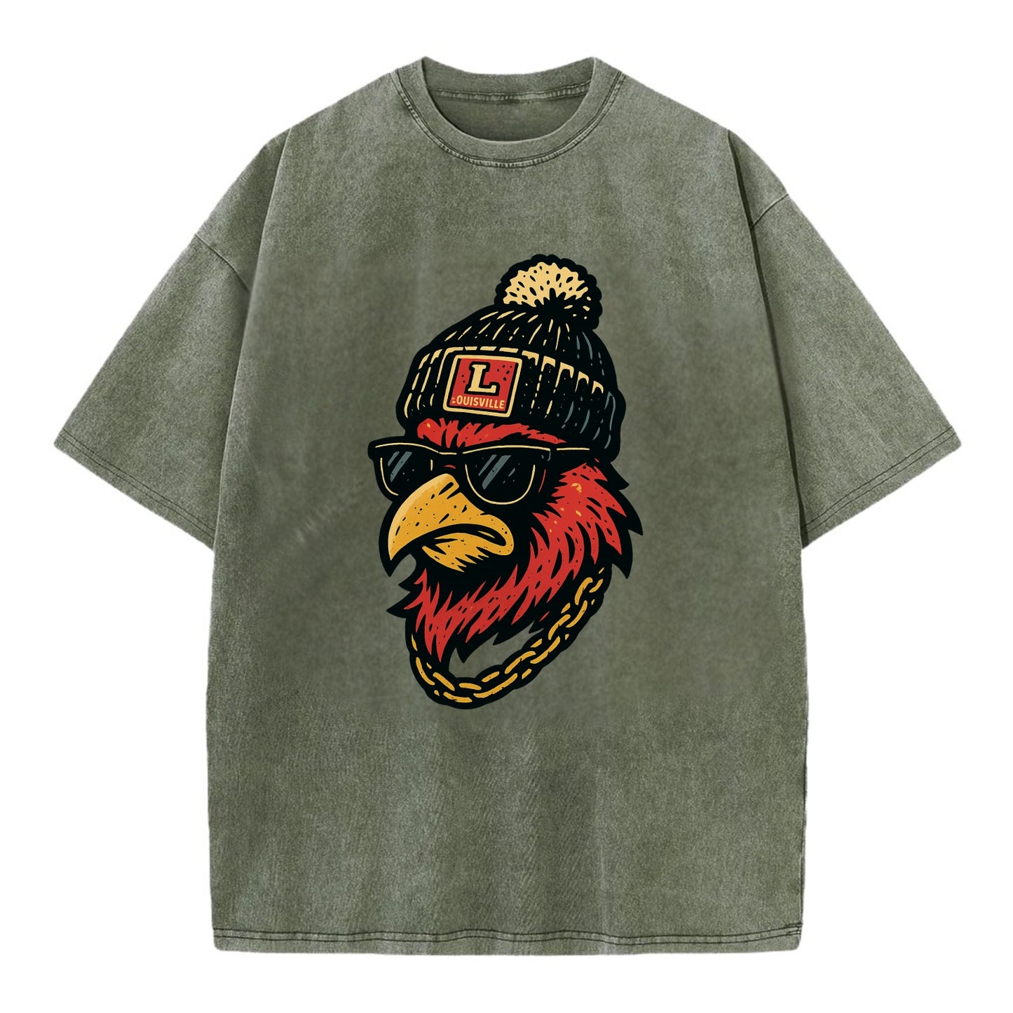Louisville Cardinal wearing Louisville beanie with L patch - Vintage T-shirt - Army Green