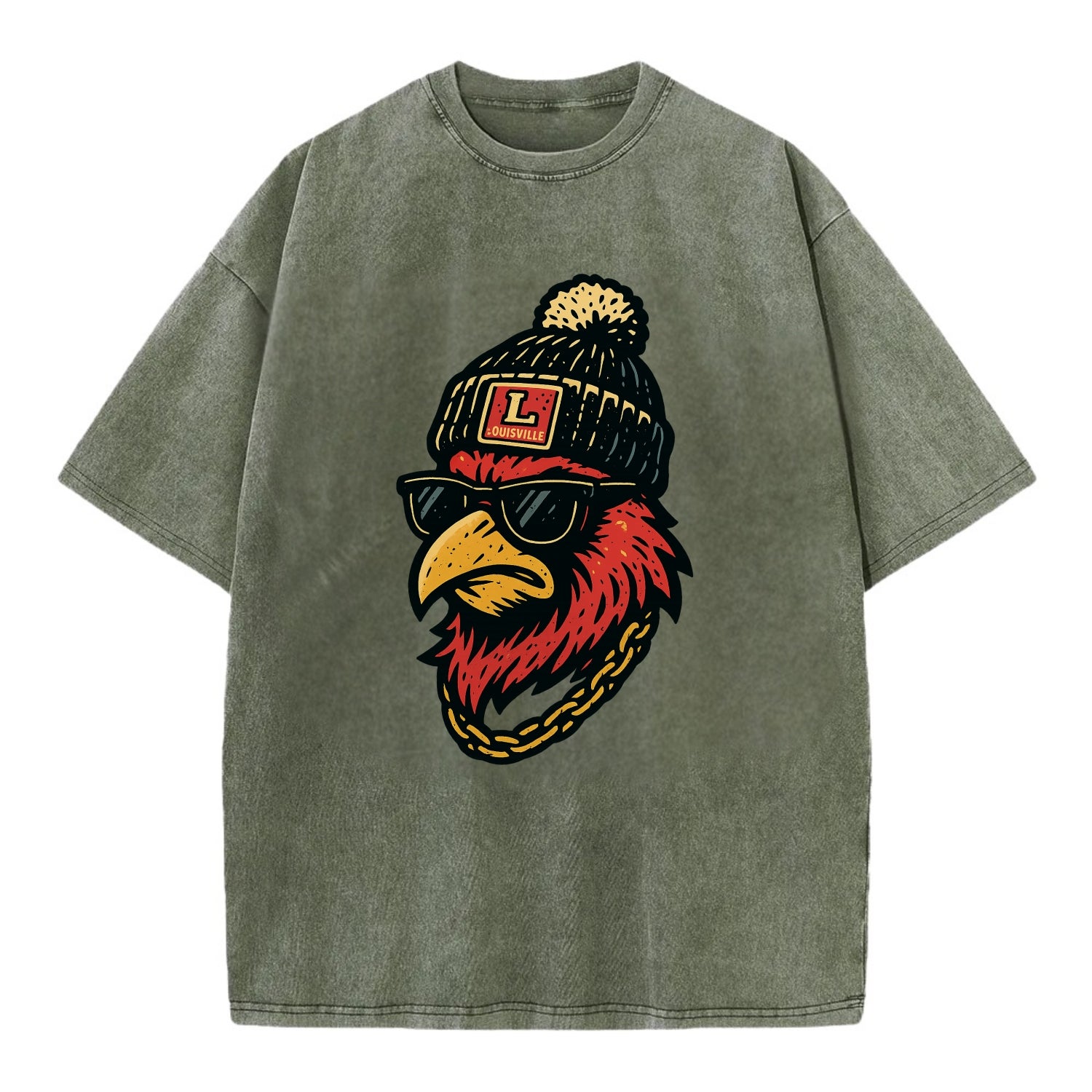 Louisville Cardinal wearing Louisville beanie with L patch - Vintage T-shirt - Army Green