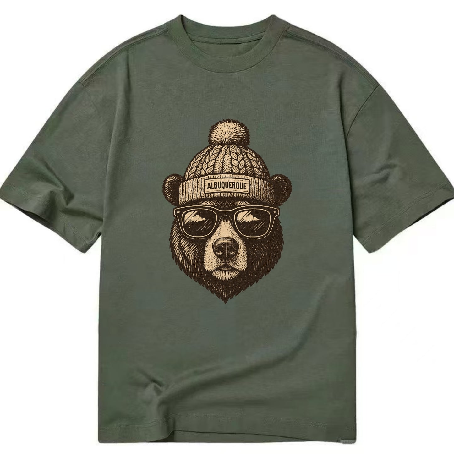 New Mexico Black Bear wearing Albuquerque beanie with pom pom and wayfarer - Classic T-shirt - Army Green
