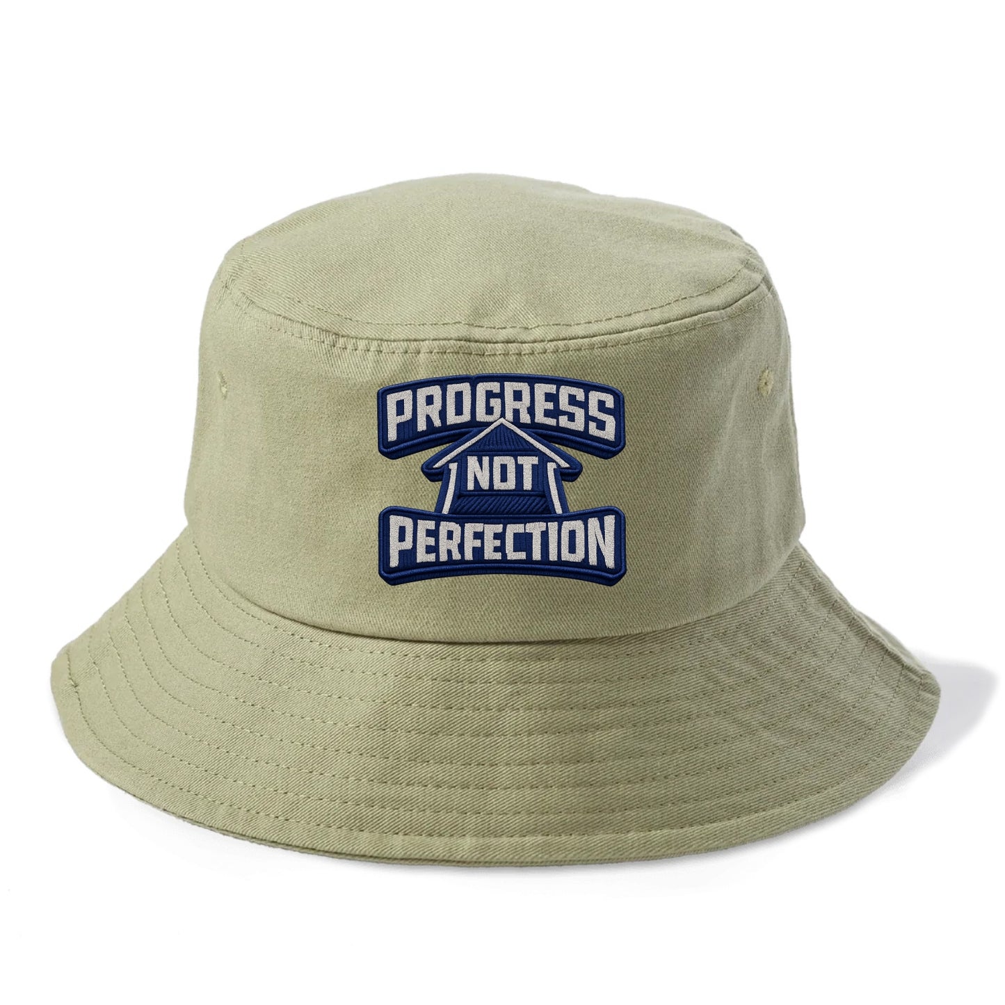 PROGRESS NOT PERFECTION - arrow with text in blue , growth mindset - Bucket Hat - Army Green