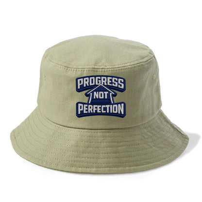 PROGRESS NOT PERFECTION - arrow with text in blue , growth mindset - Bucket Hat - Army Green