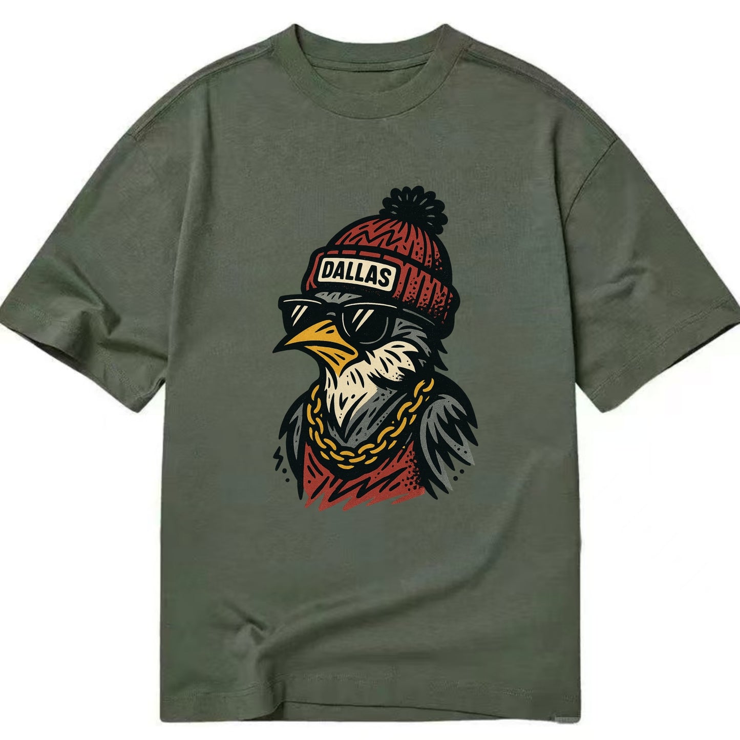 Dallas Mockingbird wearing Dallas beanie with pom pom and wayfarer sunglasses - Classic T-shirt - Army Green