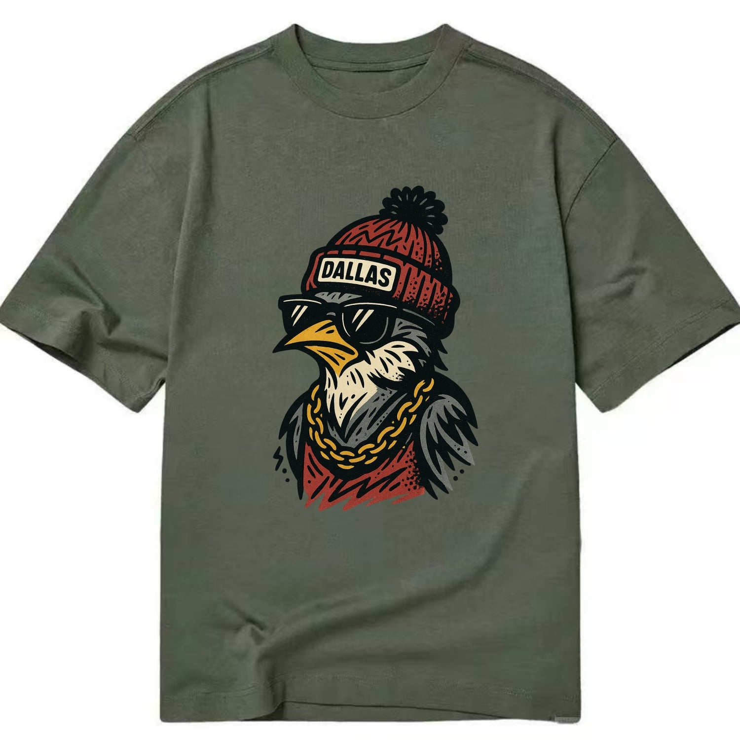 Dallas Mockingbird wearing Dallas beanie with pom pom and wayfarer sunglasses - Classic T-shirt - Army Green