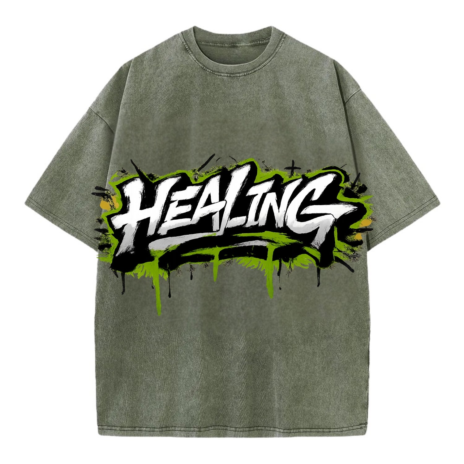 Bold typography design - "HEALING" - in recovery, getting better - Vintage T-shirt - Army Green