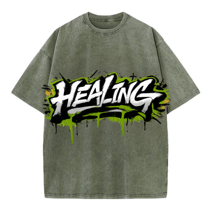 Bold typography design - "HEALING" - in recovery, getting better - Vintage T-shirt - Army Green