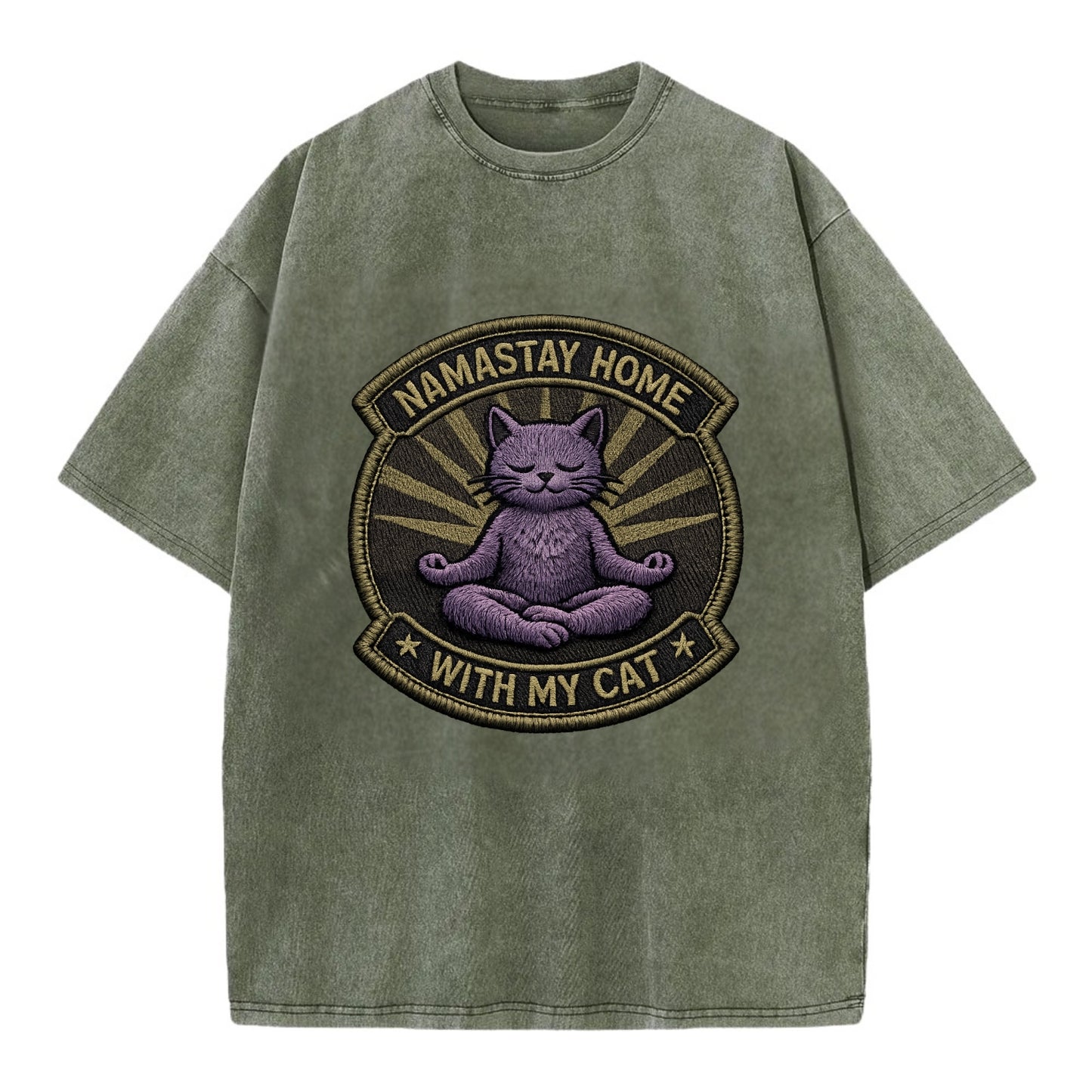 NAMASTAY HOME WITH MY CAT - yoga cat in purple , introvert cat - Vintage T-shirt - Army Green