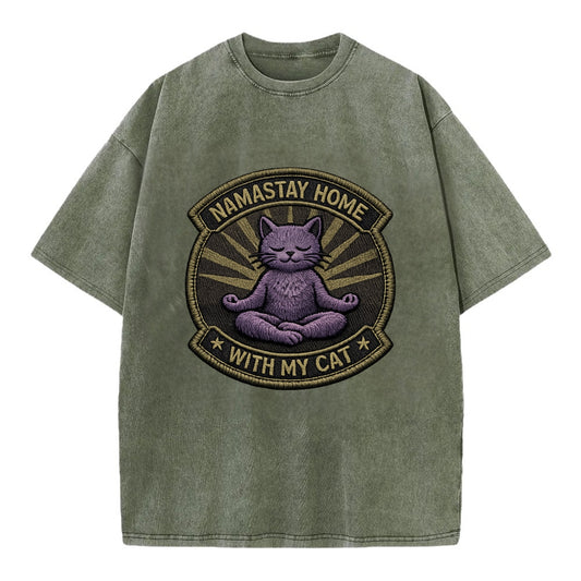 NAMASTAY HOME WITH MY CAT - yoga cat in purple , introvert cat - Vintage T-shirt - Army Green
