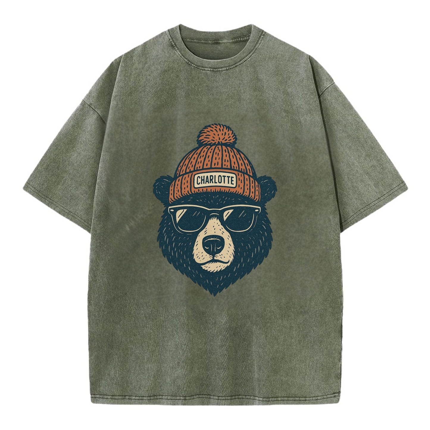 North Carolina Black Bear wearing Charlotte beanie with pom pom and wayfarer - Vintage T-shirt - Army Green