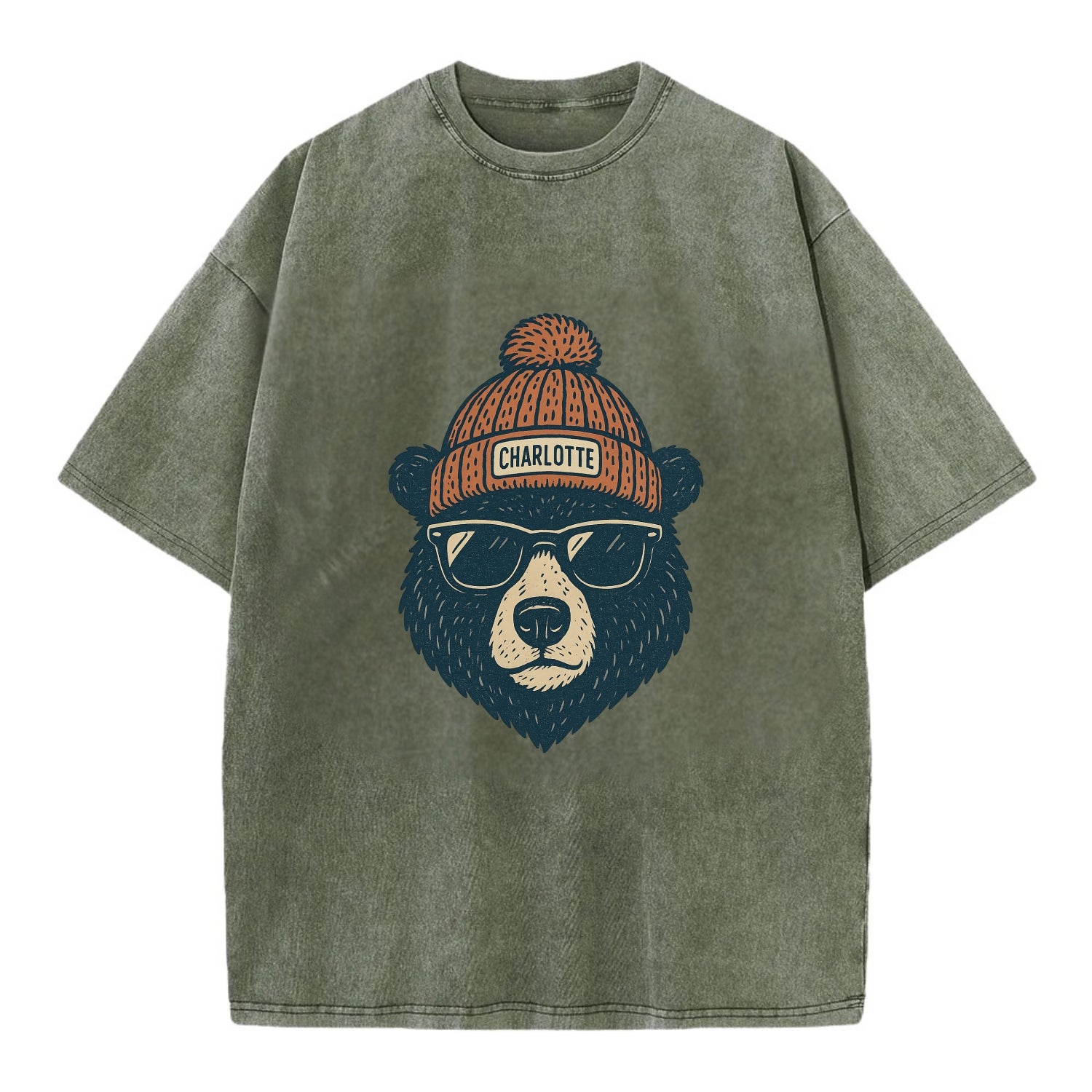North Carolina Black Bear wearing Charlotte beanie with pom pom and wayfarer - Vintage T-shirt - Army Green