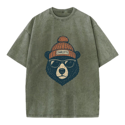 North Carolina Black Bear wearing Charlotte beanie with pom pom and wayfarer - Vintage T-shirt - Army Green