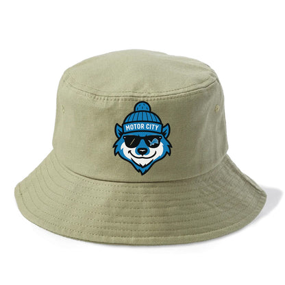 Motor City Wolverine wearing Lions beanie with gear patch and wayfarer sunglasses - Bucket Hat - Army Green