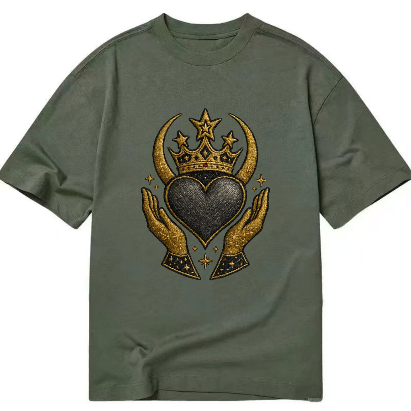 Celtic knot crown with woven strands merging into copper hands shielding a pewter - Classic T-shirt - Army Green
