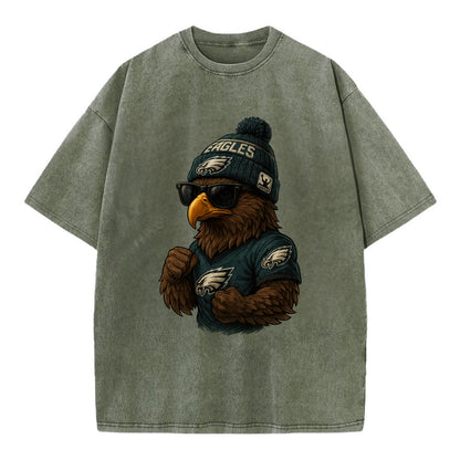 Philly Hawk wearing Eagles beanie with Rocky patch and wayfarer sunglasses - Vintage T-shirt - Army Green