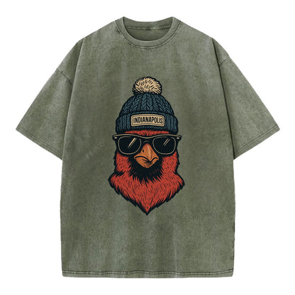 Indiana Cardinal wearing Indianapolis beanie with pom pom and wayfarer sunglasses - Vintage T-shirt - Army Green