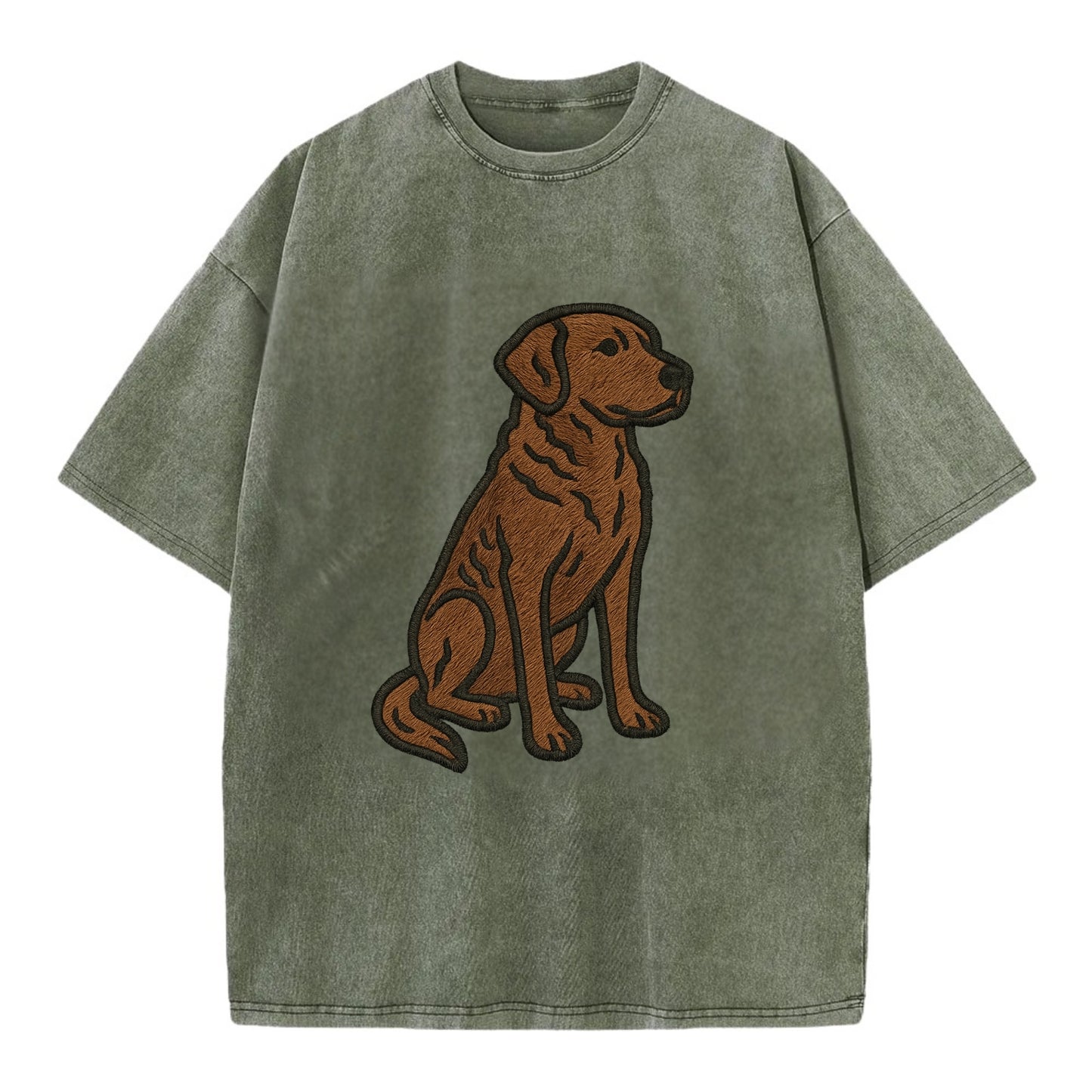 Chesapeake Bay Retriever - Brown wavy coat embroidered sitting pose - Vintage T-shirt - Army Green