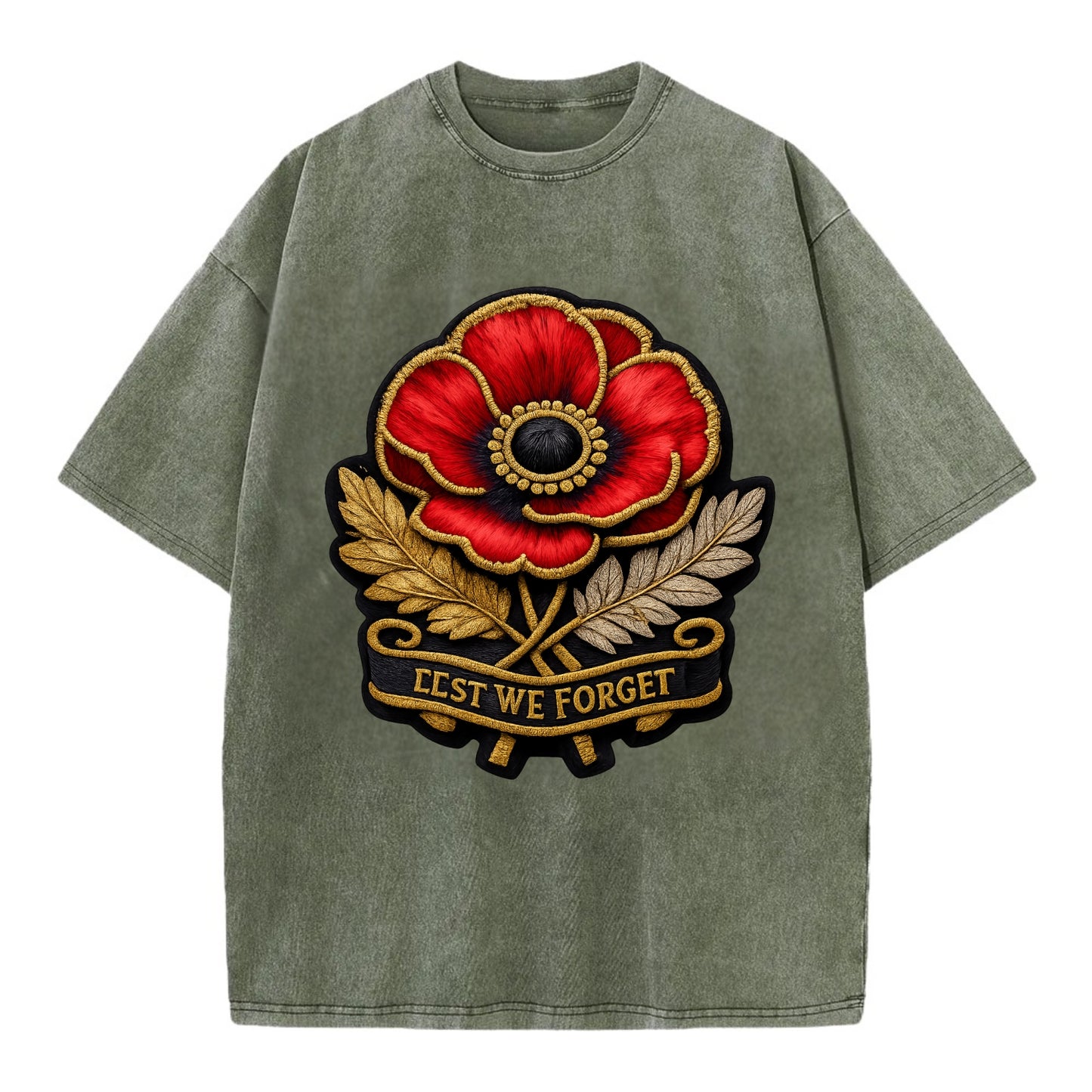 MEMORIAL POPPY - red poppy flower in scarlet , remembrance - Vintage T-shirt - Army Green