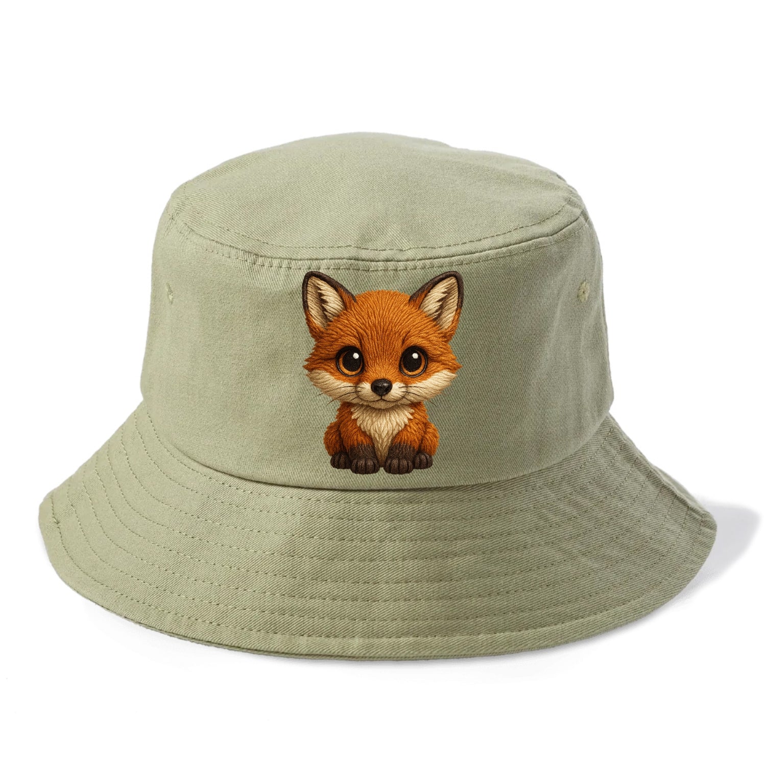 Baby Red Fox - russet fur, white chest, big amber eyes, perky ears, front-facing, - Bucket Hat - Army Green